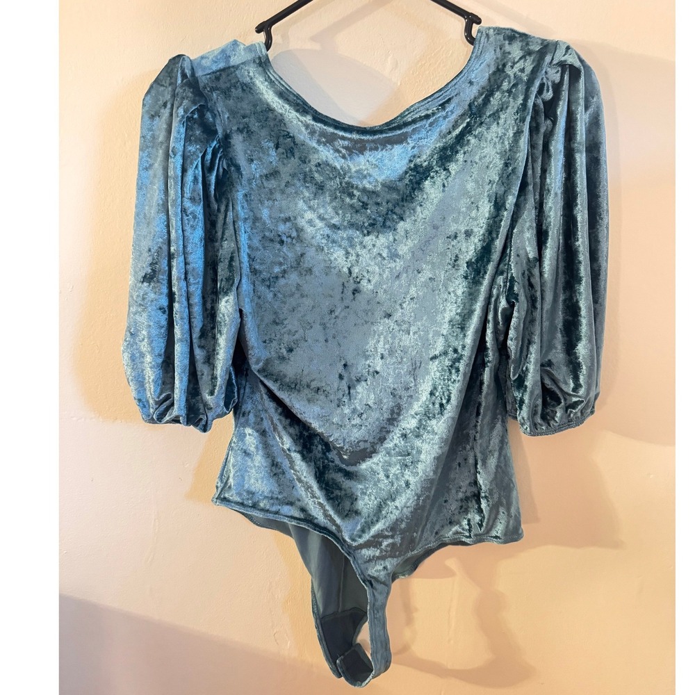 Intimately Free People Teal Velvet Puff Sleeve Bodysuit V-Neck Medium NWT - Picture 3 of 6